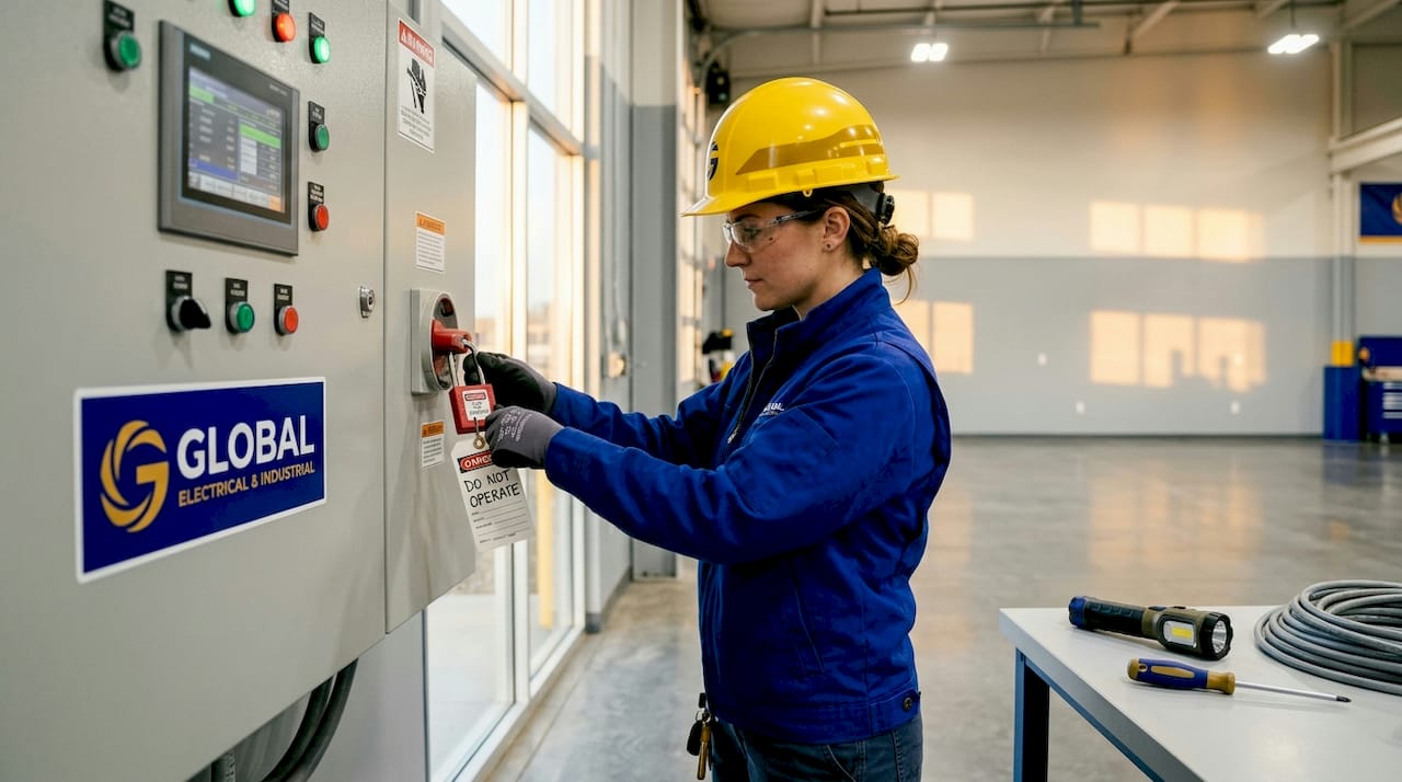 Technician applies lockout tag to PLC panel
