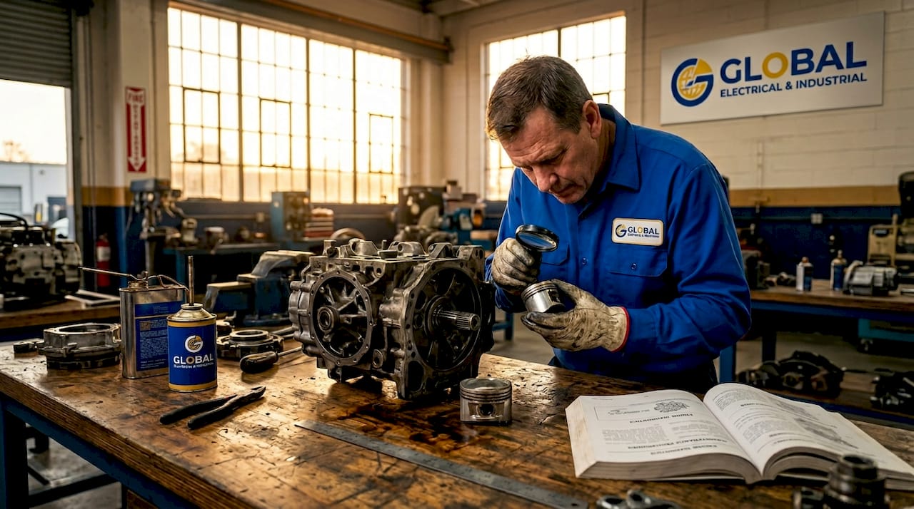 Technician inspecting industrial engine components