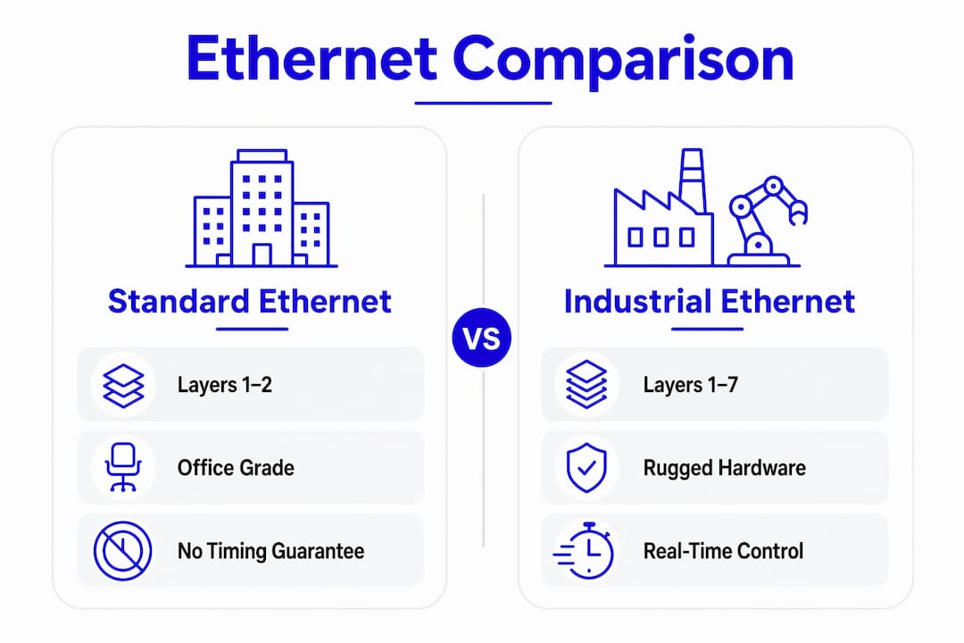 Infographic comparing industrial and standard ethernet features