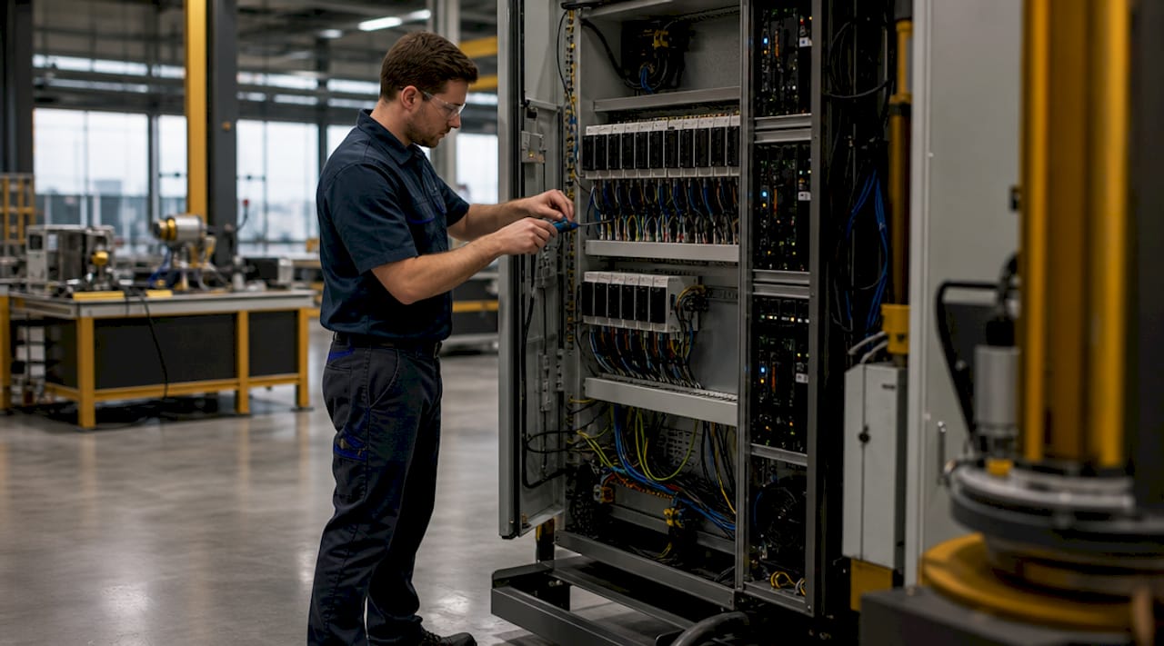 Technician working on redundant PLC modules