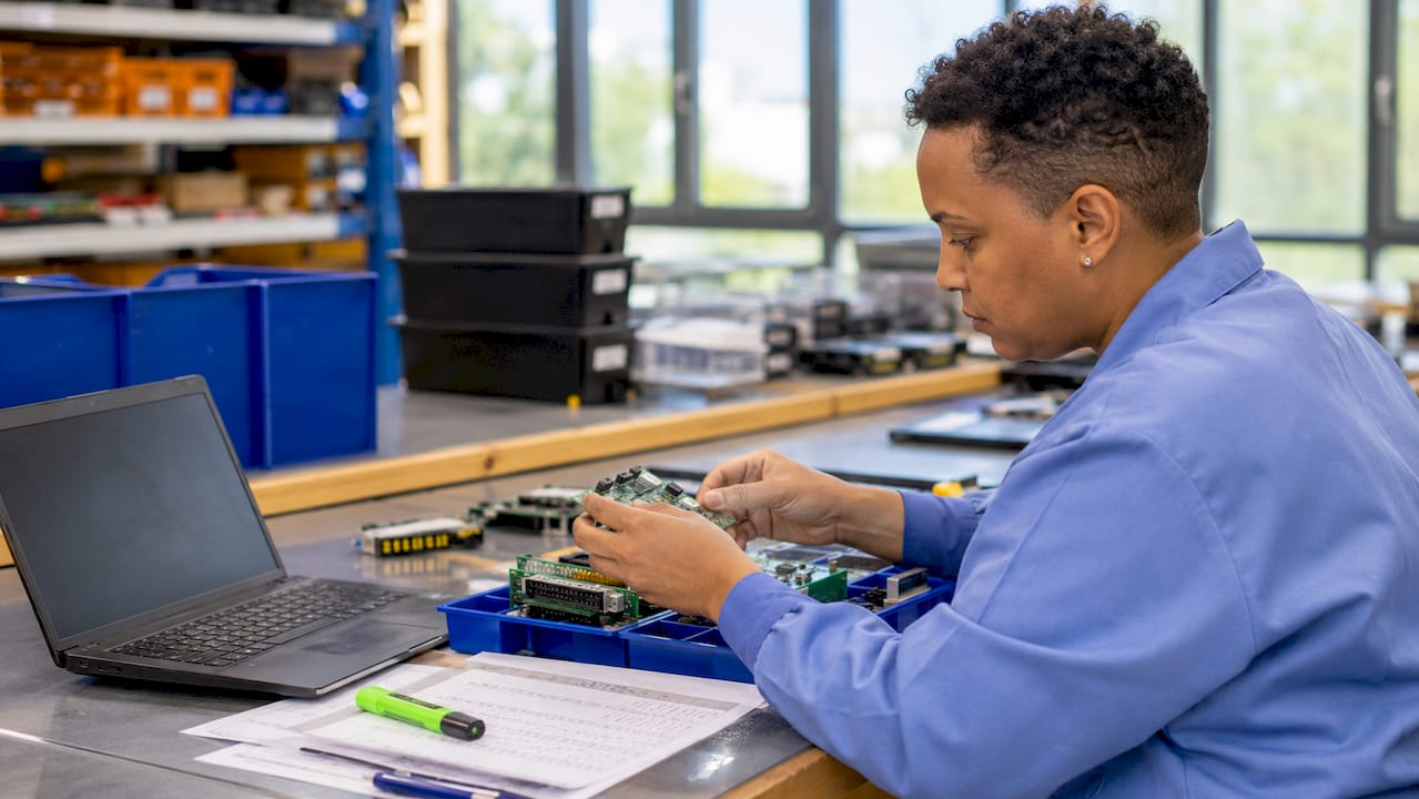 Technician arranging surplus automation parts