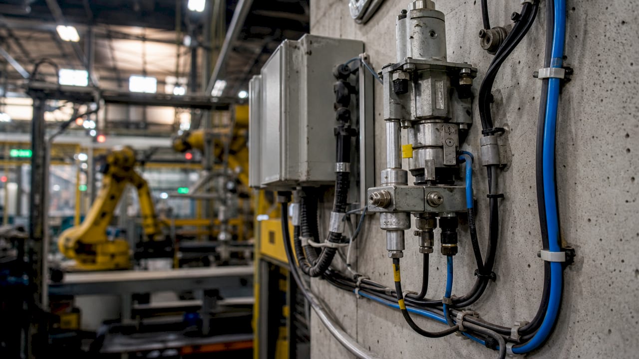 Close-up of manufacturing sensors and actuators on pipeline