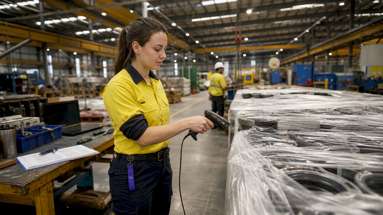Technician scanning barcode at factory workstation