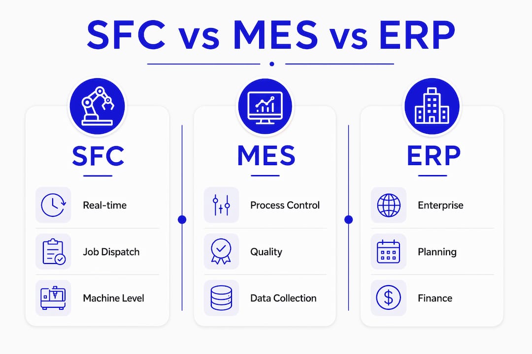 Infographic comparing SFC, MES, and ERP systems