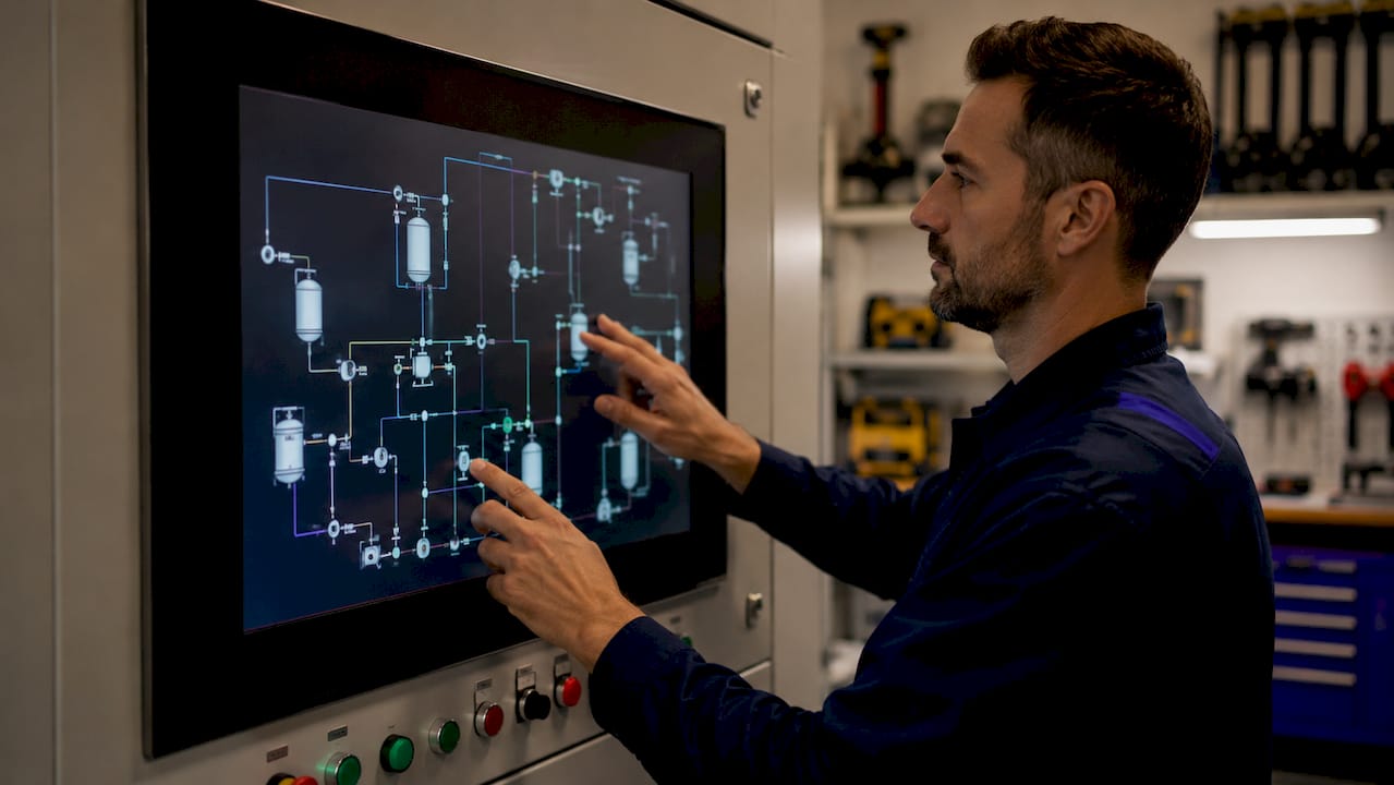 Hands interacting with process control touchscreen