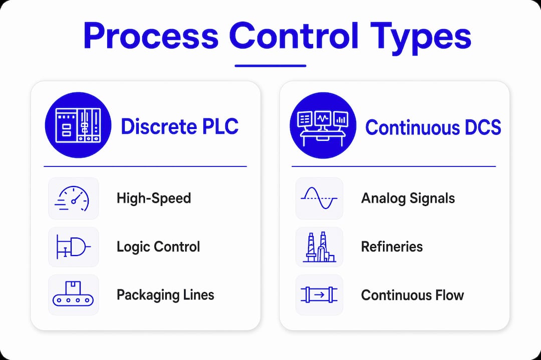 Infographic comparing discrete and continuous control systems