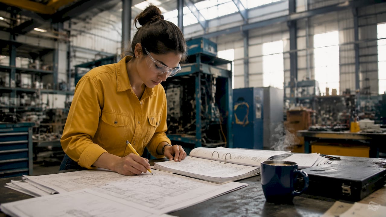 Technician annotating control system retrofit schematics