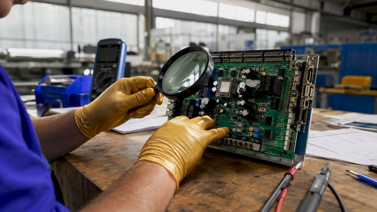 Hands inspecting automation circuit board for quality