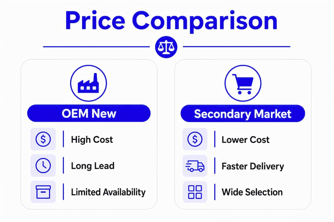 Infographic comparing OEM new parts vs secondary market parts pricing and availability