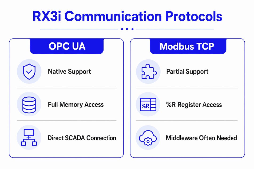 Infographic comparing RX3i OPC UA and Modbus TCP protocols