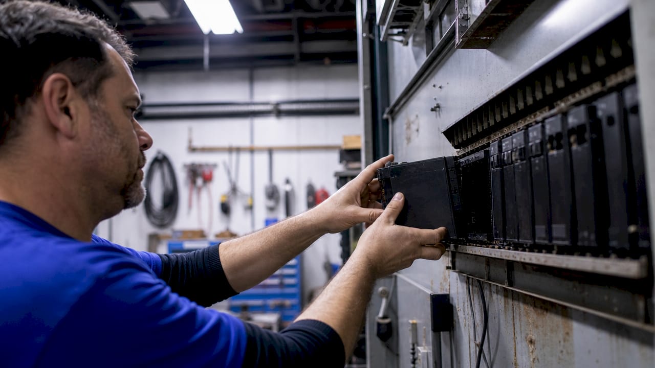 Hands removing GE Series 90-30 PLC module from rack