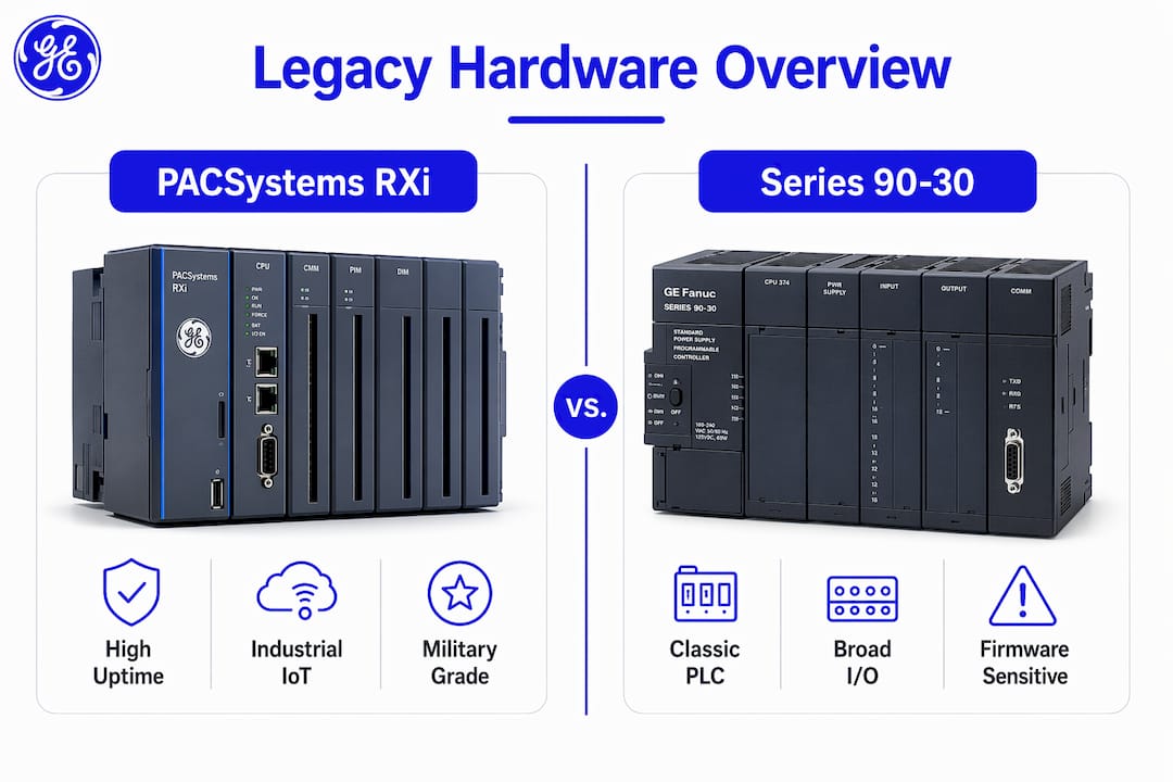 Infographic comparing PACSystems RXi and Series 90-30 hardware