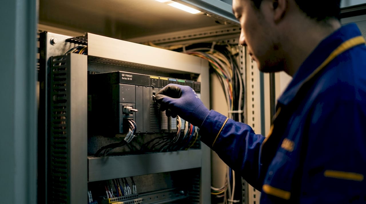 Technician interacting with GE FANUC PLC panel