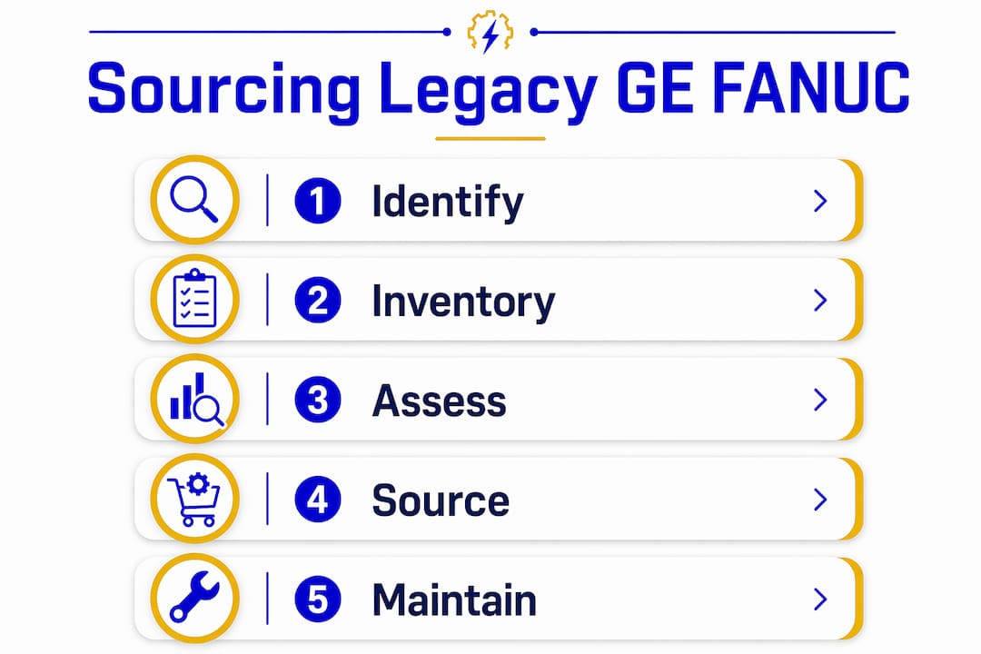 Infographic showing steps to source GE FANUC legacy PLC parts
