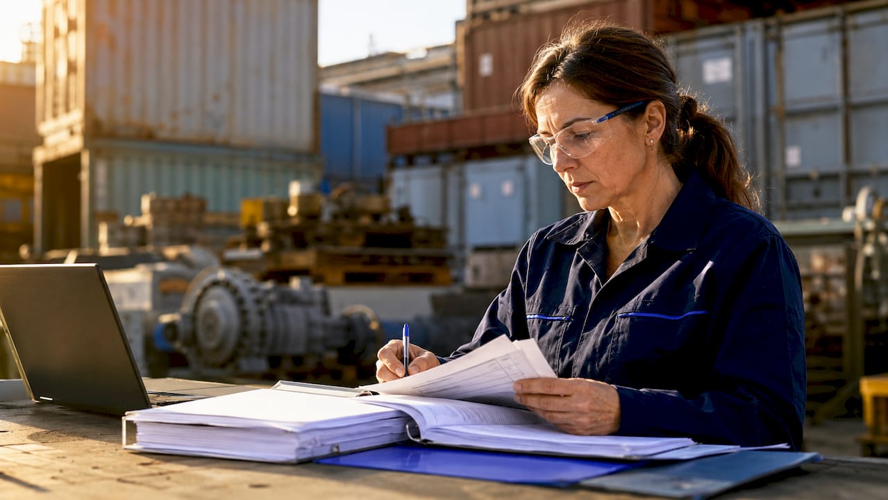 Engineer reviewing ABB Trio inverter datasheet indoors