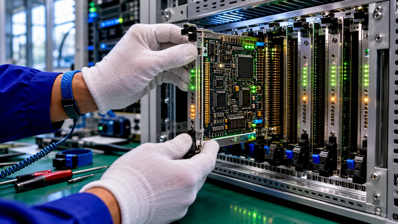 Technician connecting RX7i communication card