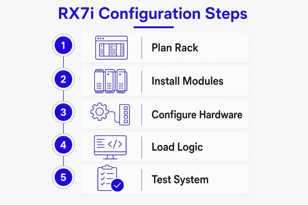 Infographic illustrating RX7i configuration steps