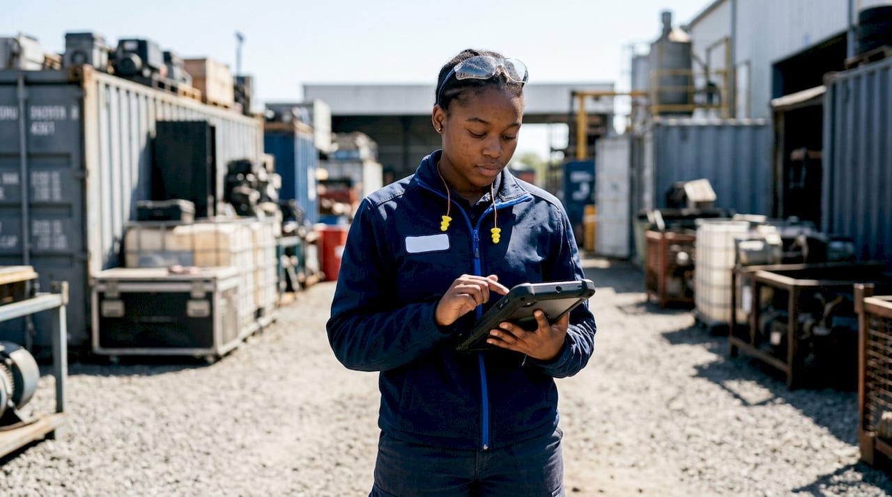 Female technician using handheld device on factory floor
