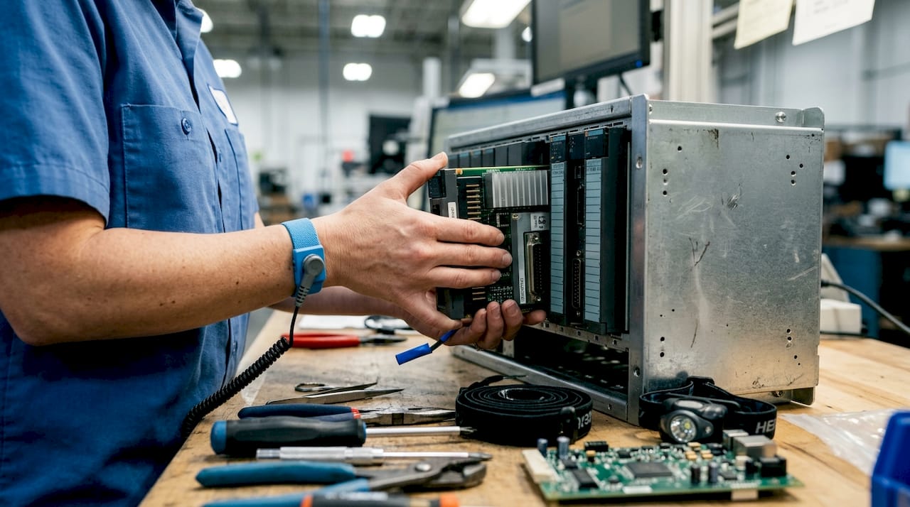 Technician replacing CPU module in PLC rack