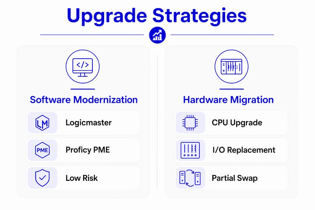 Infographic comparing software modernization and hardware migration upgrade strategies for Series 90-70 PLC