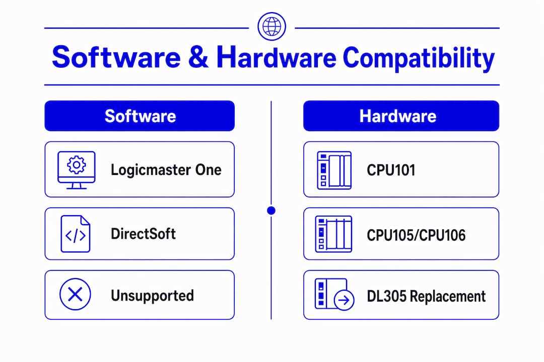 Infographic comparing software and hardware compatibility for Series 1 PLC
