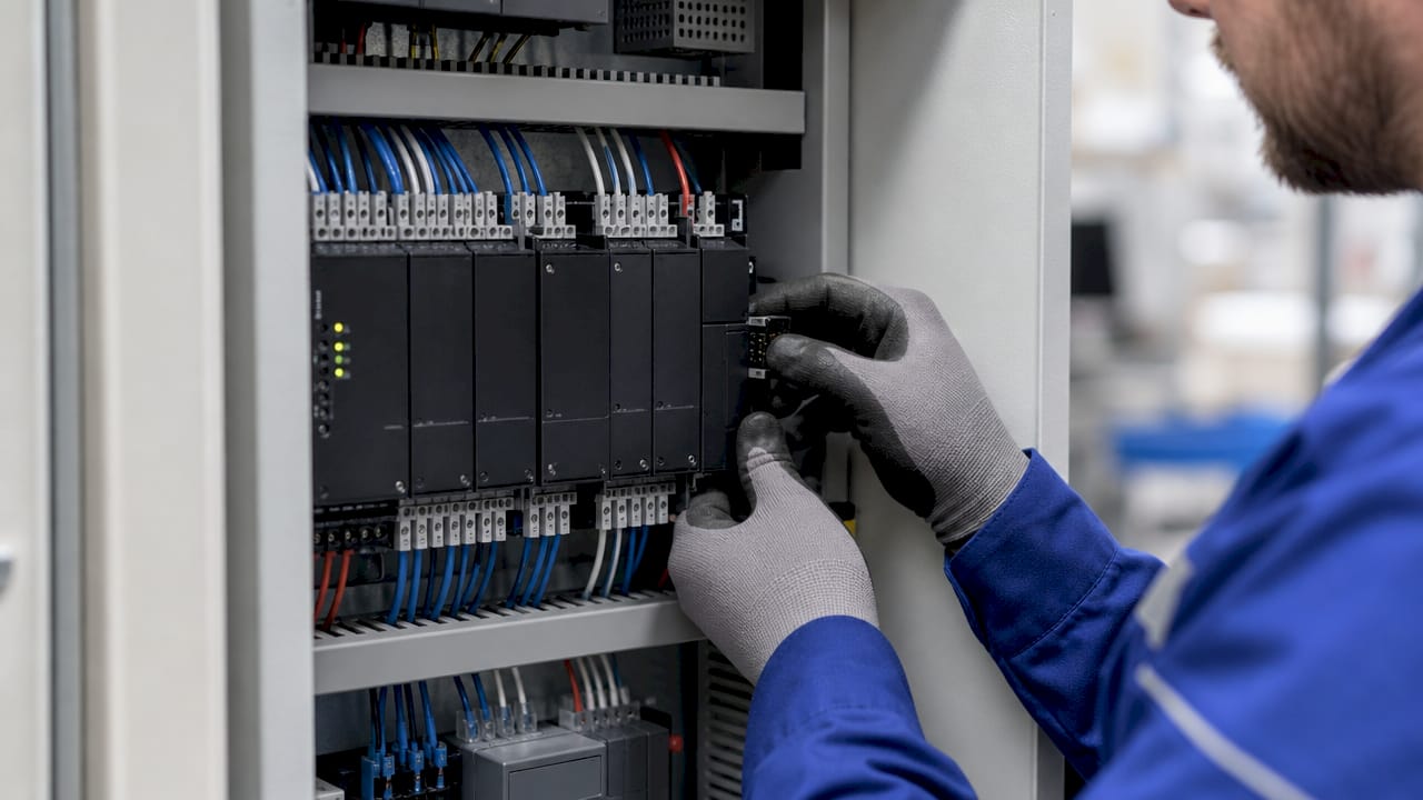 Close-up of Versamax Micro PLC module and wiring