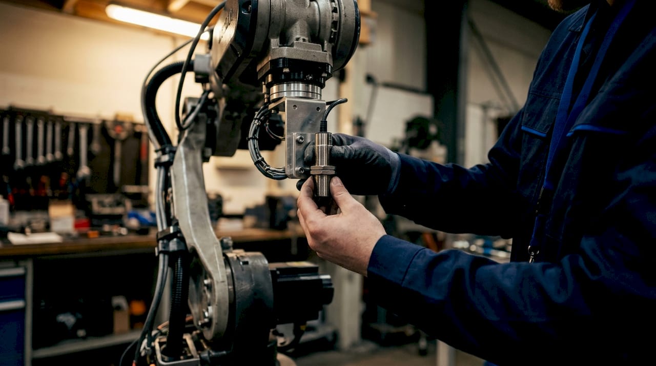 Technician installing cylindrical proximity sensor on robot arm