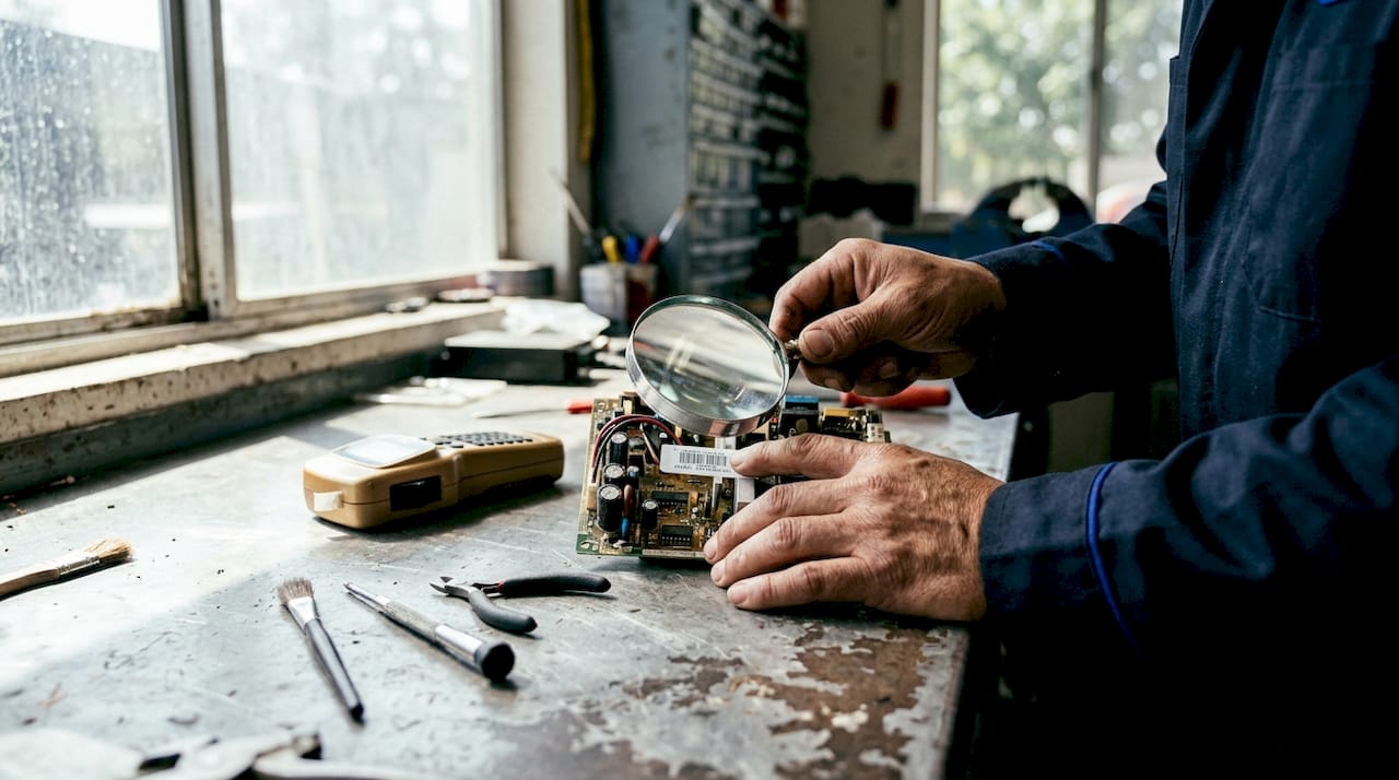 Hands inspecting PCB label with magnifying glass