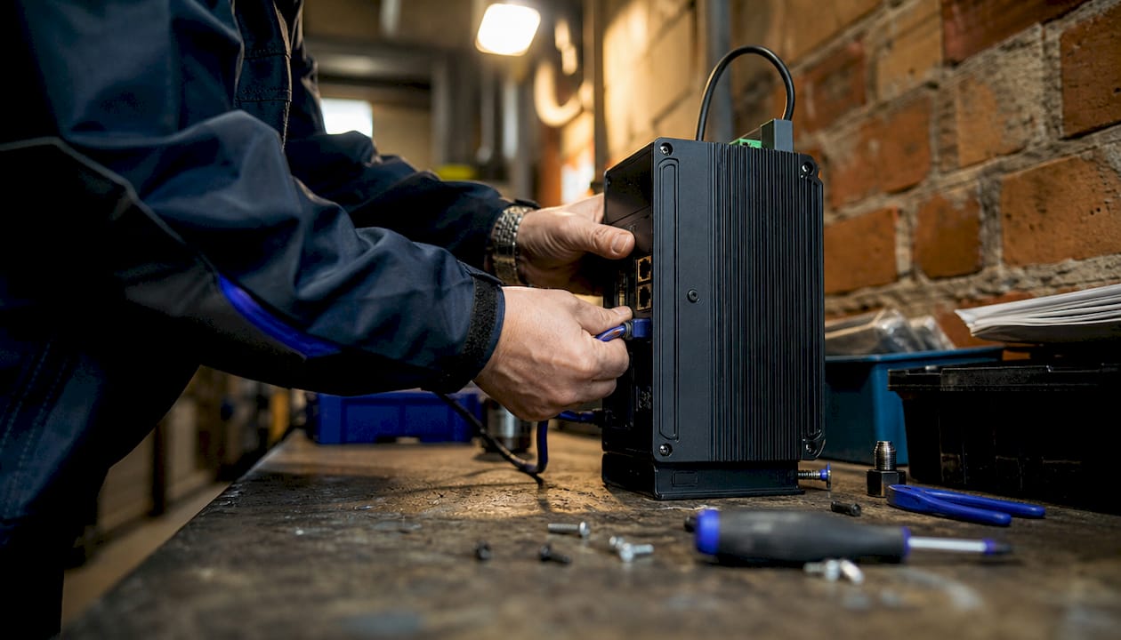 Hands connecting cable to industrial edge gateway