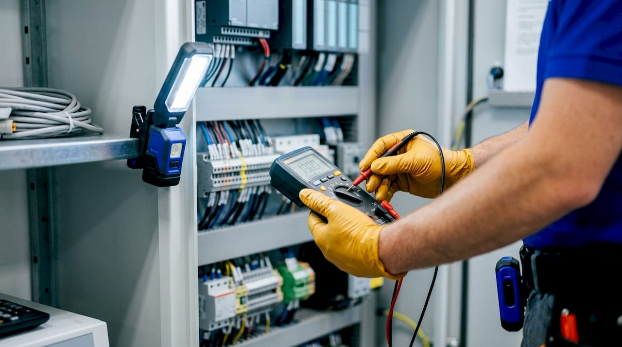 Hands measuring voltage on PLC panel with multimeter