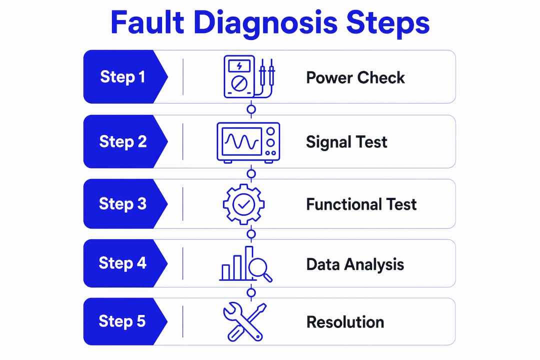 Infographic illustrating manufacturing control system fault diagnosis steps