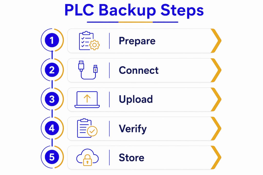 Infographic showing step-by-step PLC backup process