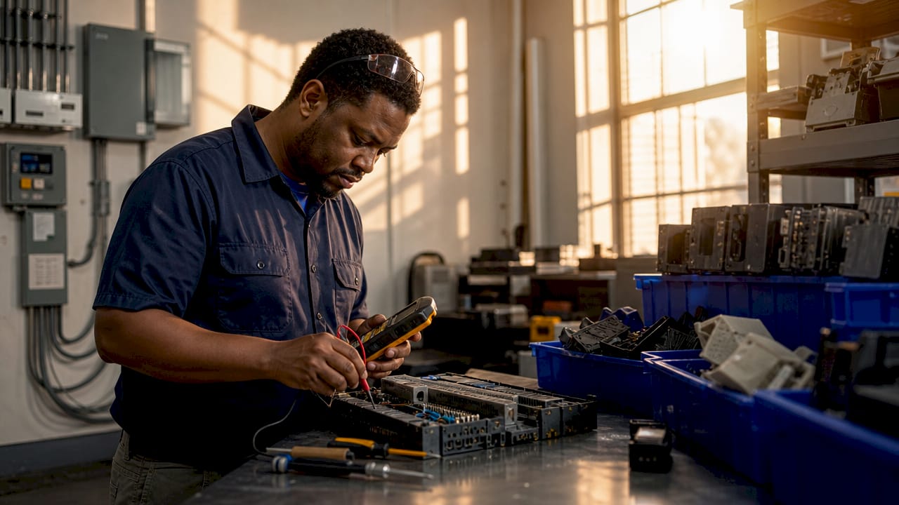 Maintenance technician testing legacy automation hardware