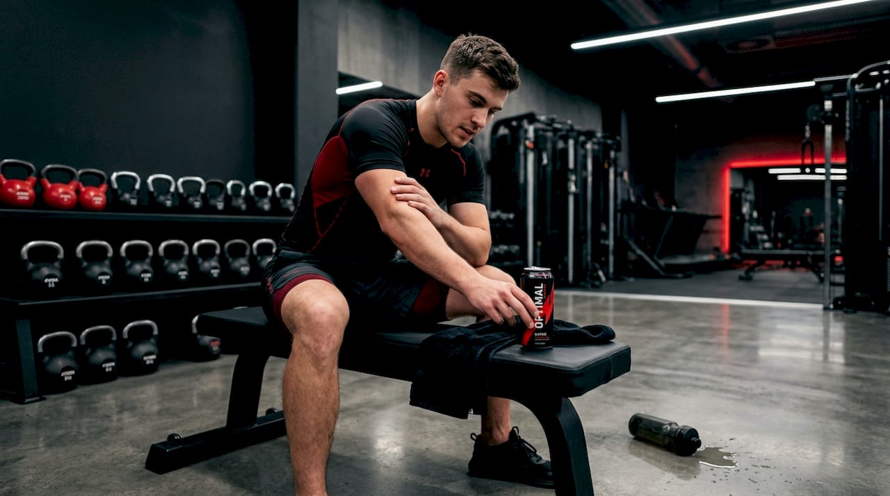 Energy drink can set on gym bench