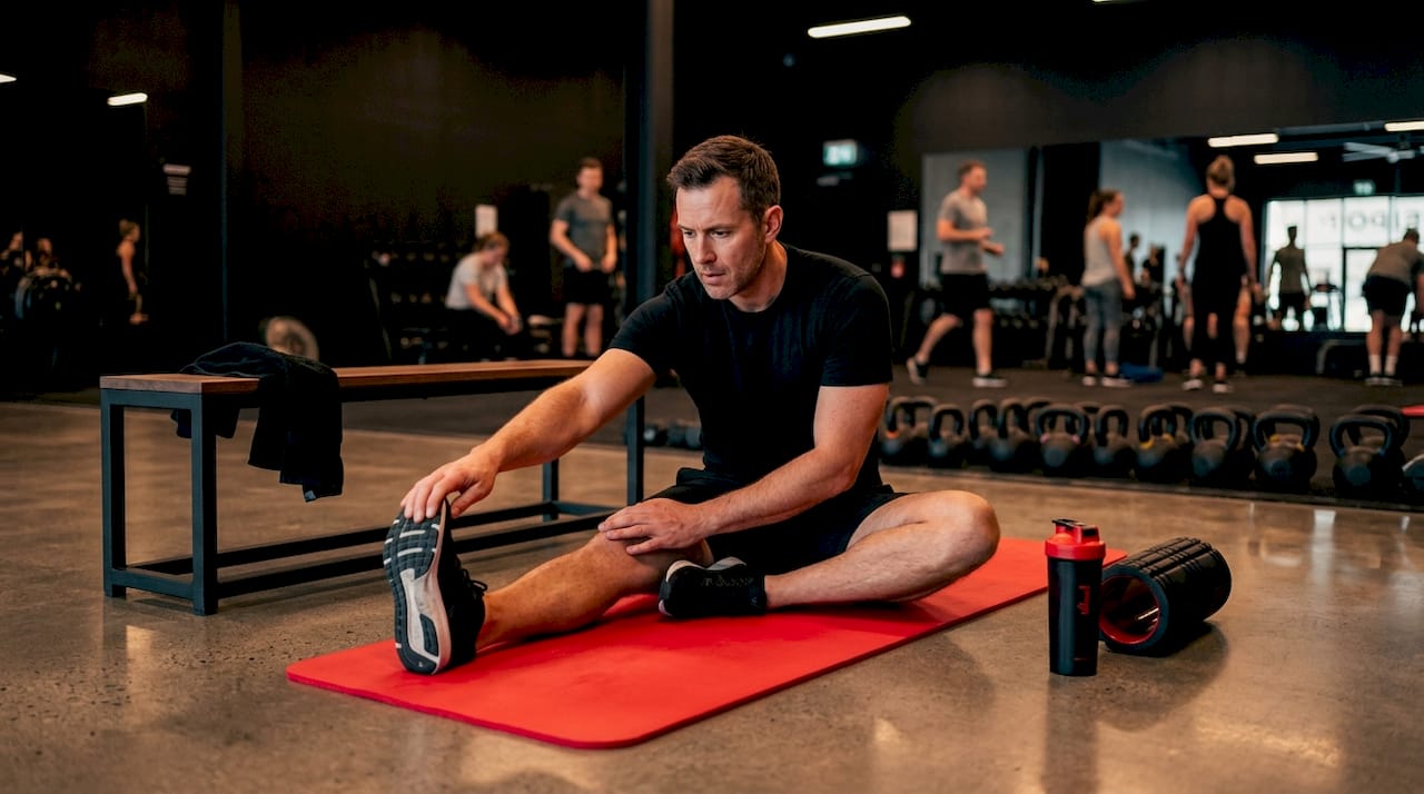 Man stretches for active recovery in gym