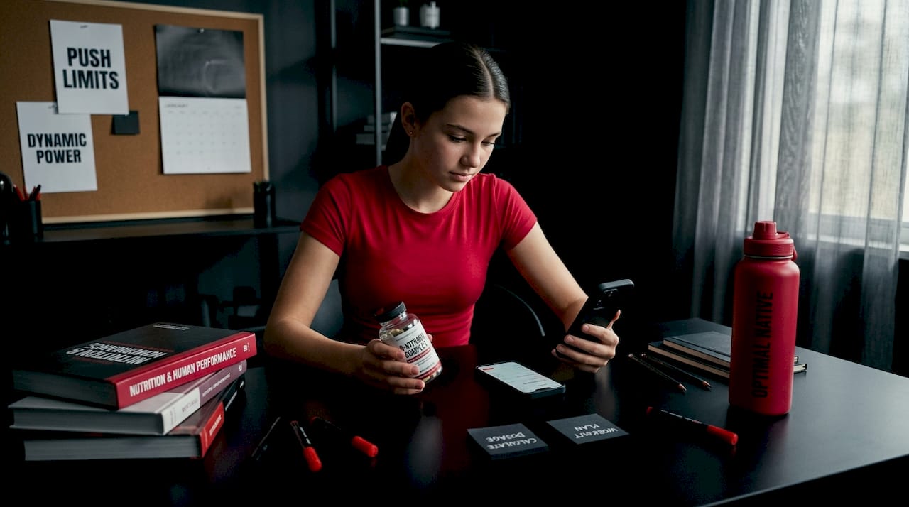 Teen girl checking B-vitamin supplement at desk