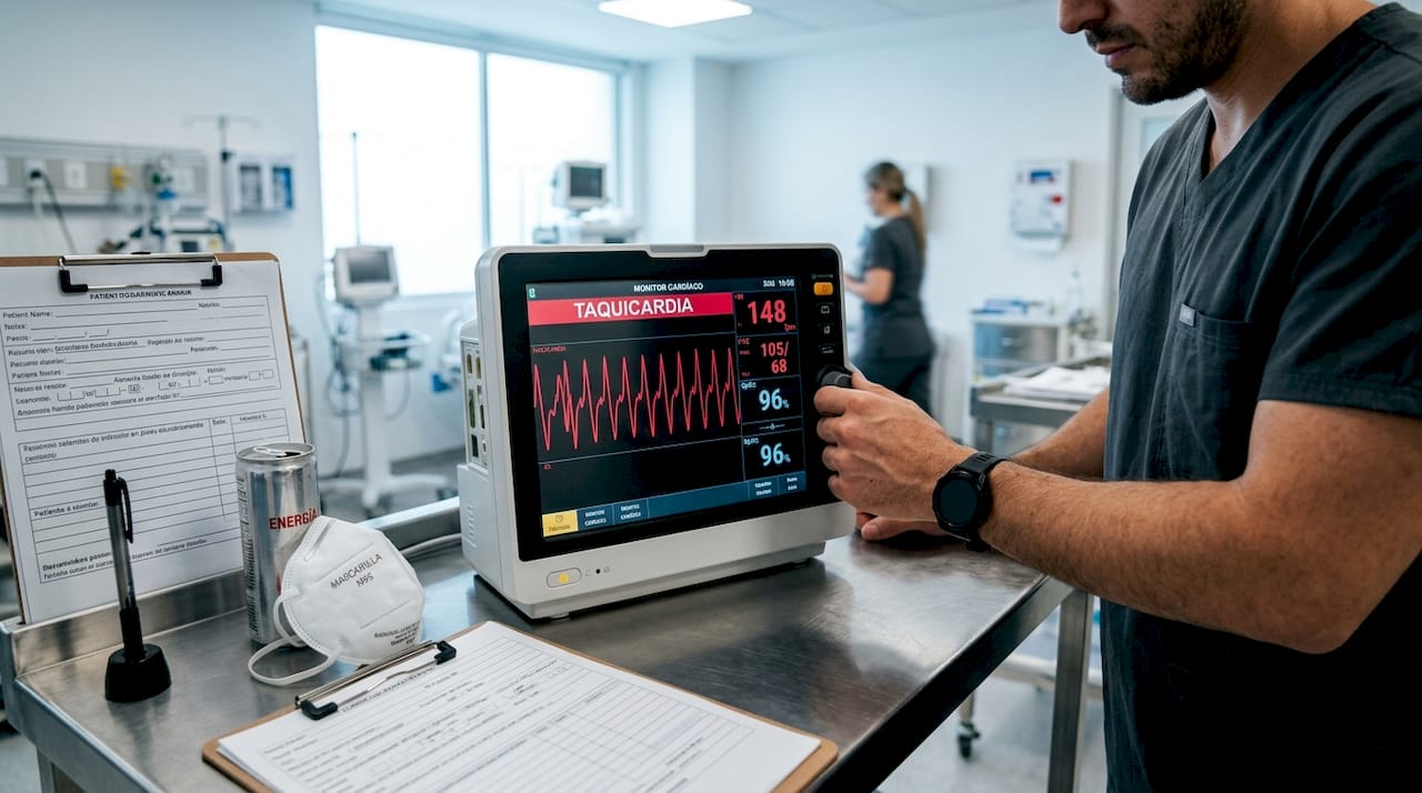 Monitor cardíaco y consumo de bebidas energéticas en una habitación de hospital