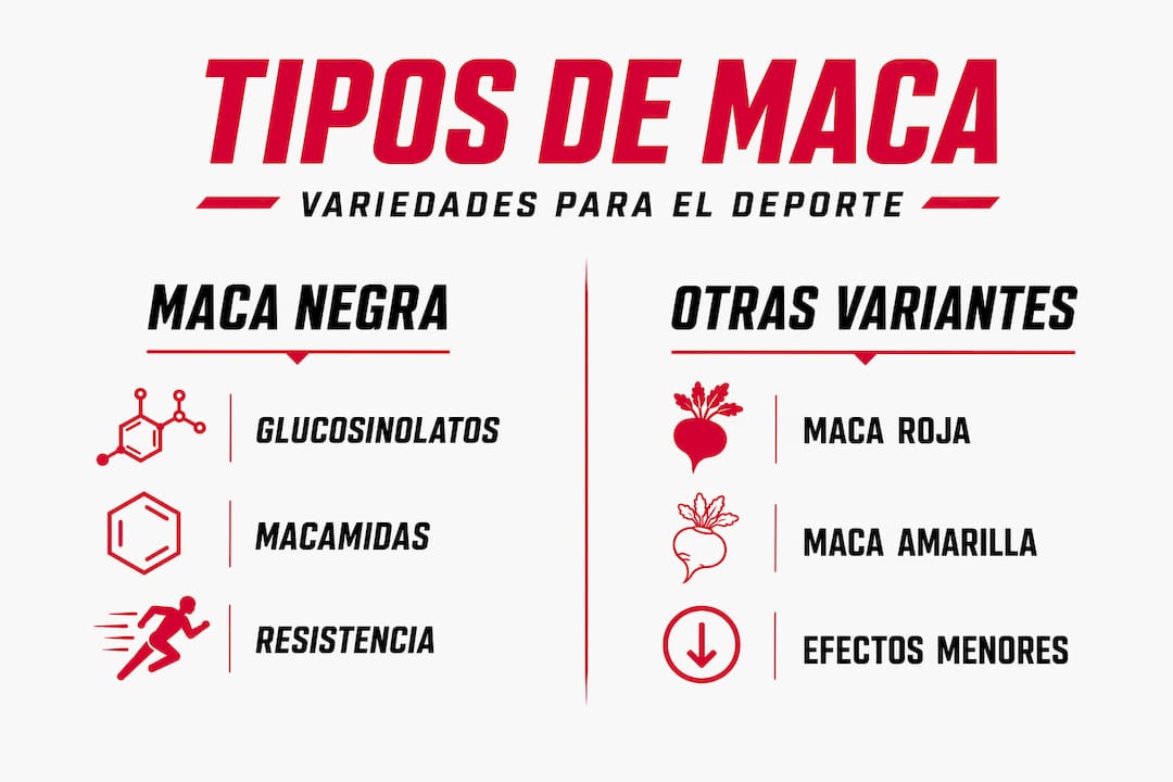 Comparativa visual de los diferentes tipos de maca y sus beneficios para deportistas