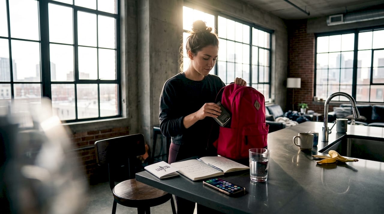 Woman puts away energy supplement in coworking space