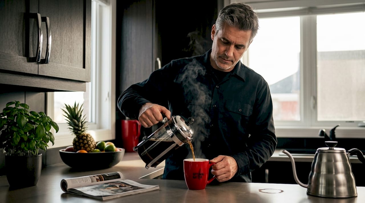 Pouring chicory root coffee in home kitchen