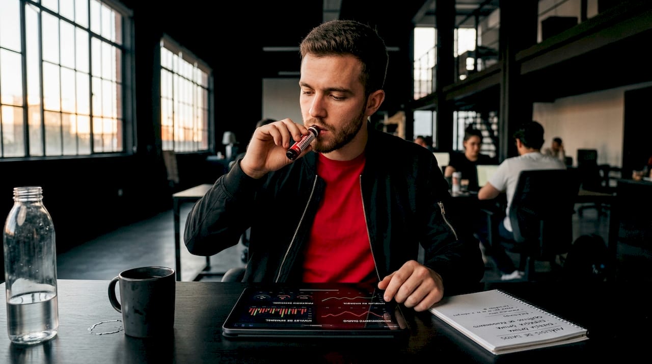 Un joven se toma un té de ginseng mientras analiza gráficos en un espacio de coworking.