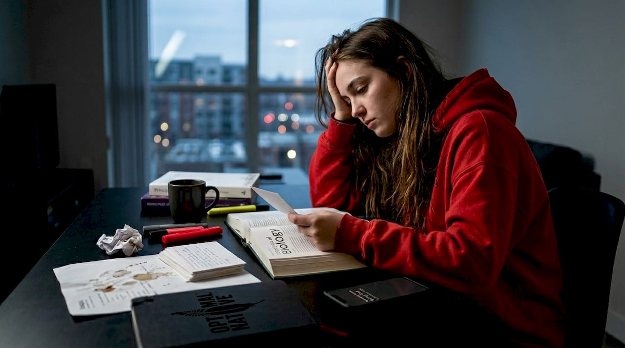 Tired student reviewing biology flashcards