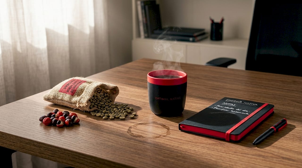 Fuentes naturales de cafeína sobre una mesa de madera, junto a una taza de café