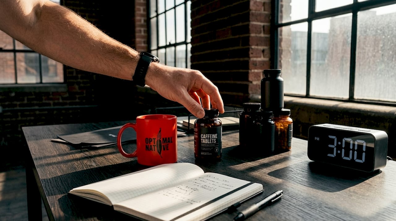 Hand reaching for caffeine tablets on desk