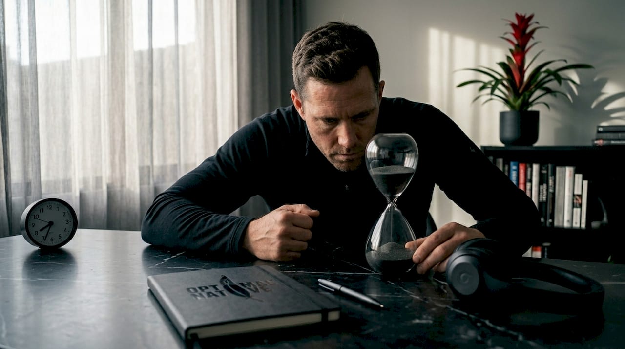 Man checking timer during caffeine-free focus block