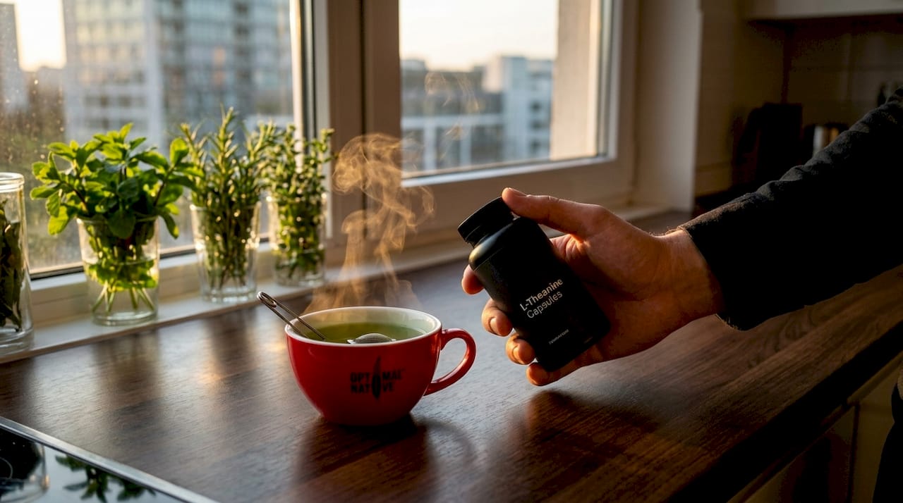 Hand holding L-theanine supplement bottle with green tea cup