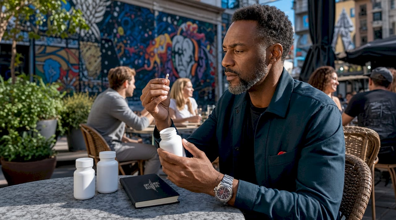 Hands comparing nootropic supplement bottles