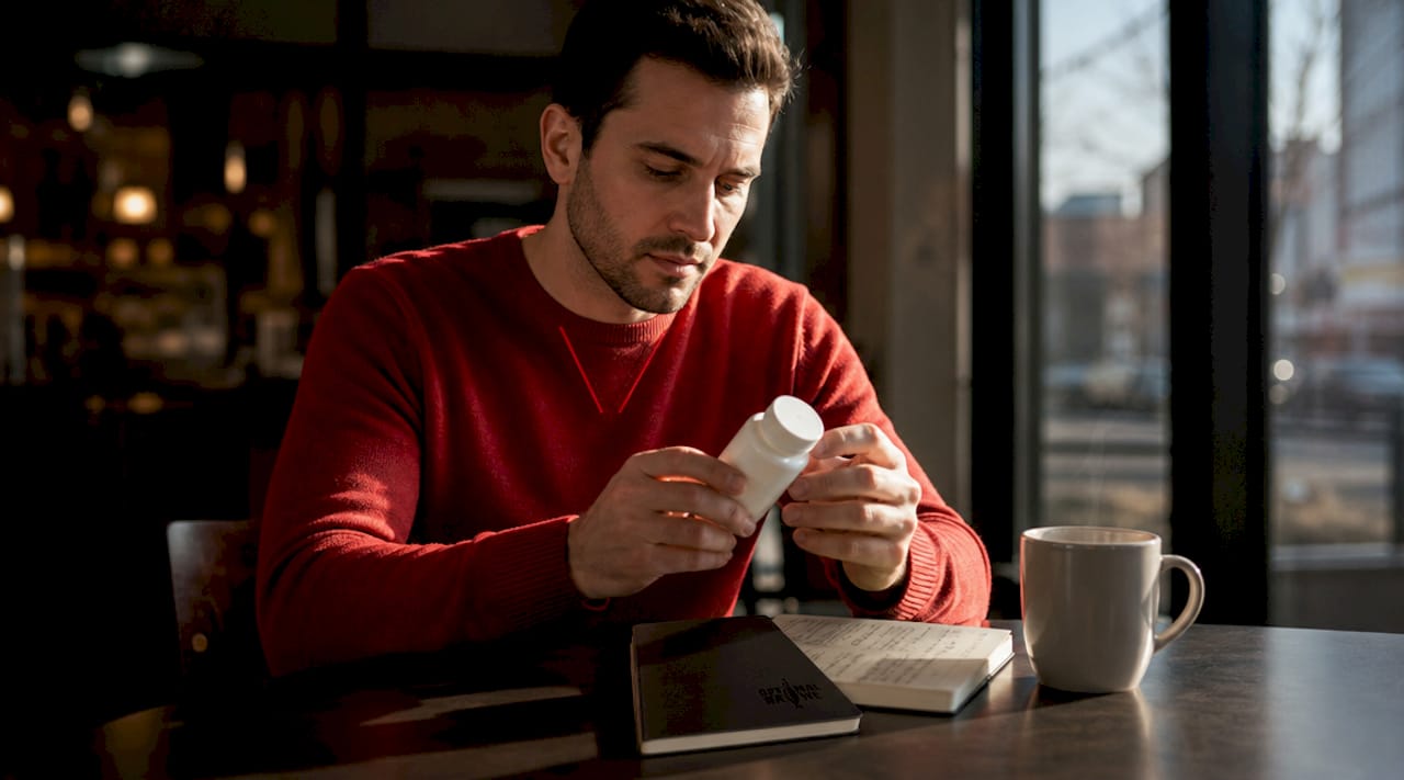 Hands holding L-Theanine capsules over desk