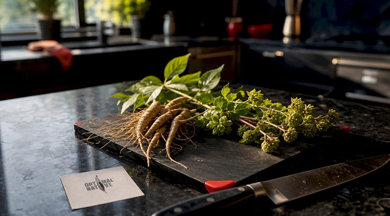 Close-up of fresh adaptogen plants and tools