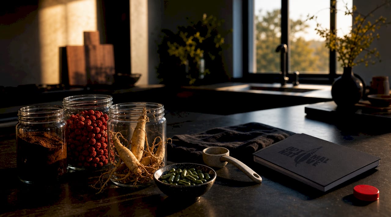 Close-up of nicotine-free energy ingredients on kitchen counter